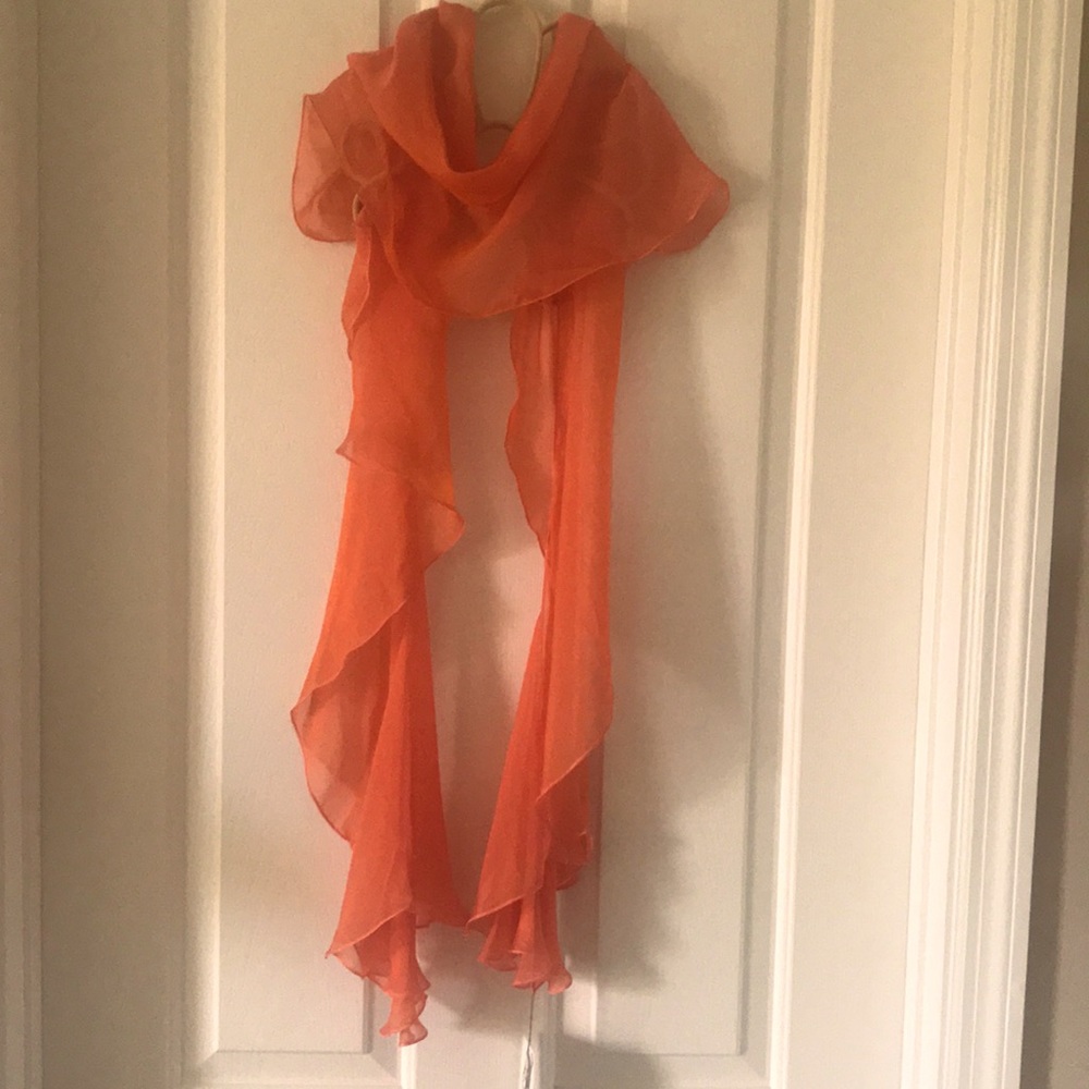 NWT Cascading coral silk flutter scarf. Matches the coral silk evening gown.